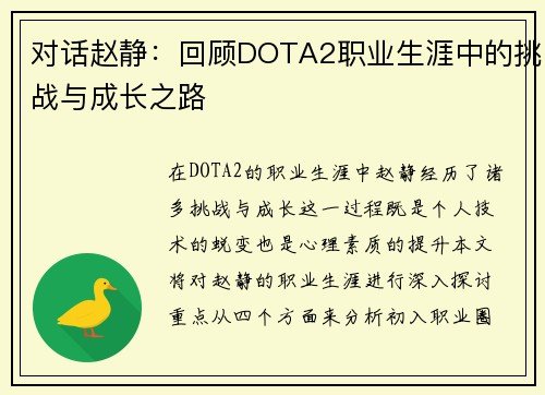 对话赵静：回顾DOTA2职业生涯中的挑战与成长之路